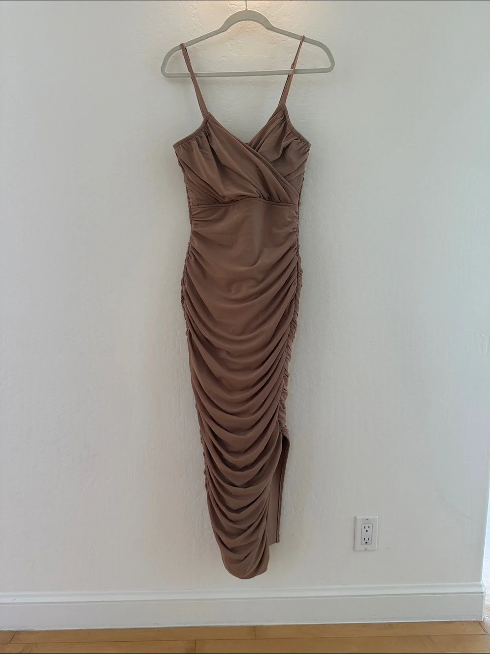 Elliatt Ruched Mesh Pippa Midi Dress in Taupe/Nude